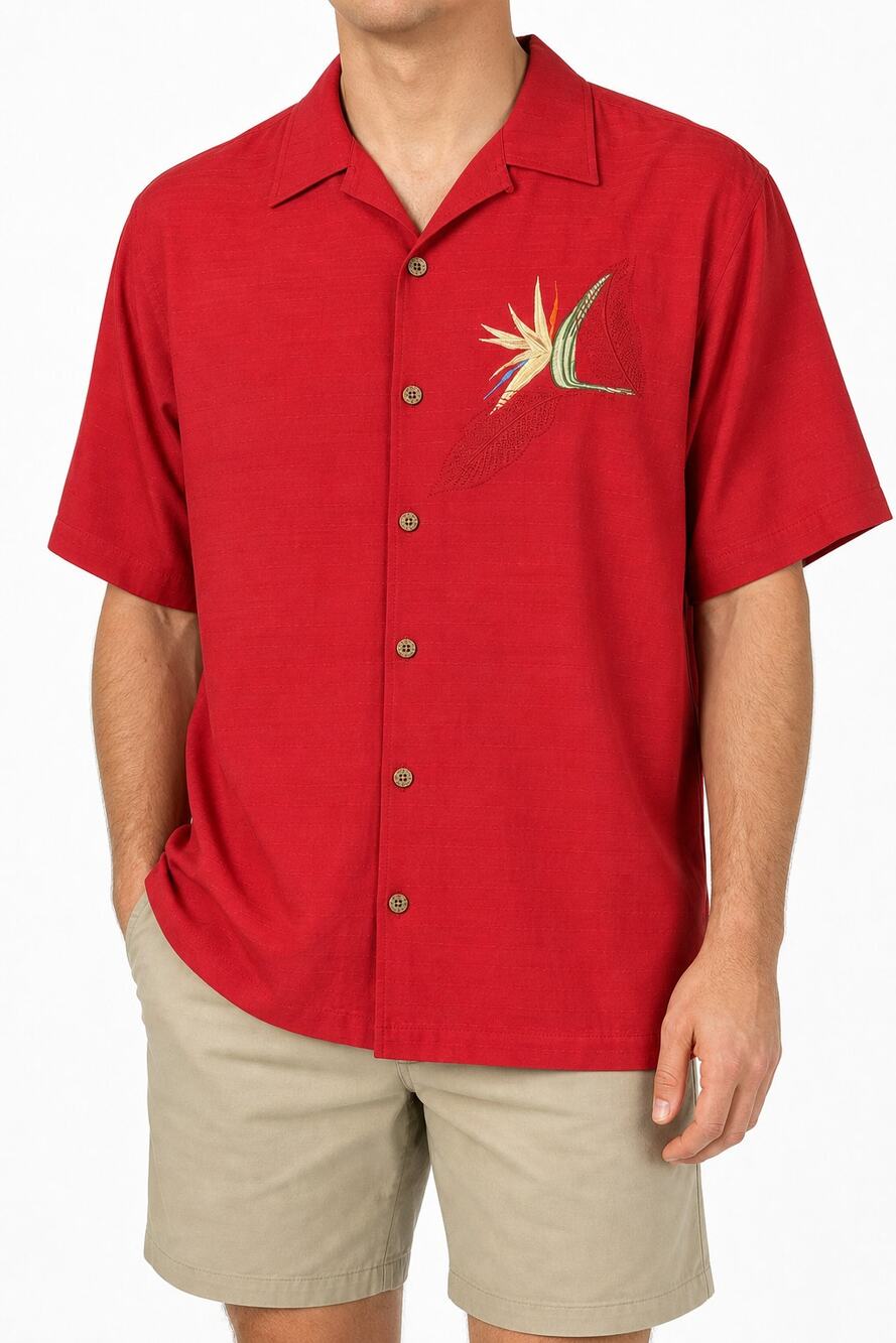 Bamboo Cay Mens Red Bird of Paradise Button Down Short Sleeve Camp Shirt Size XL